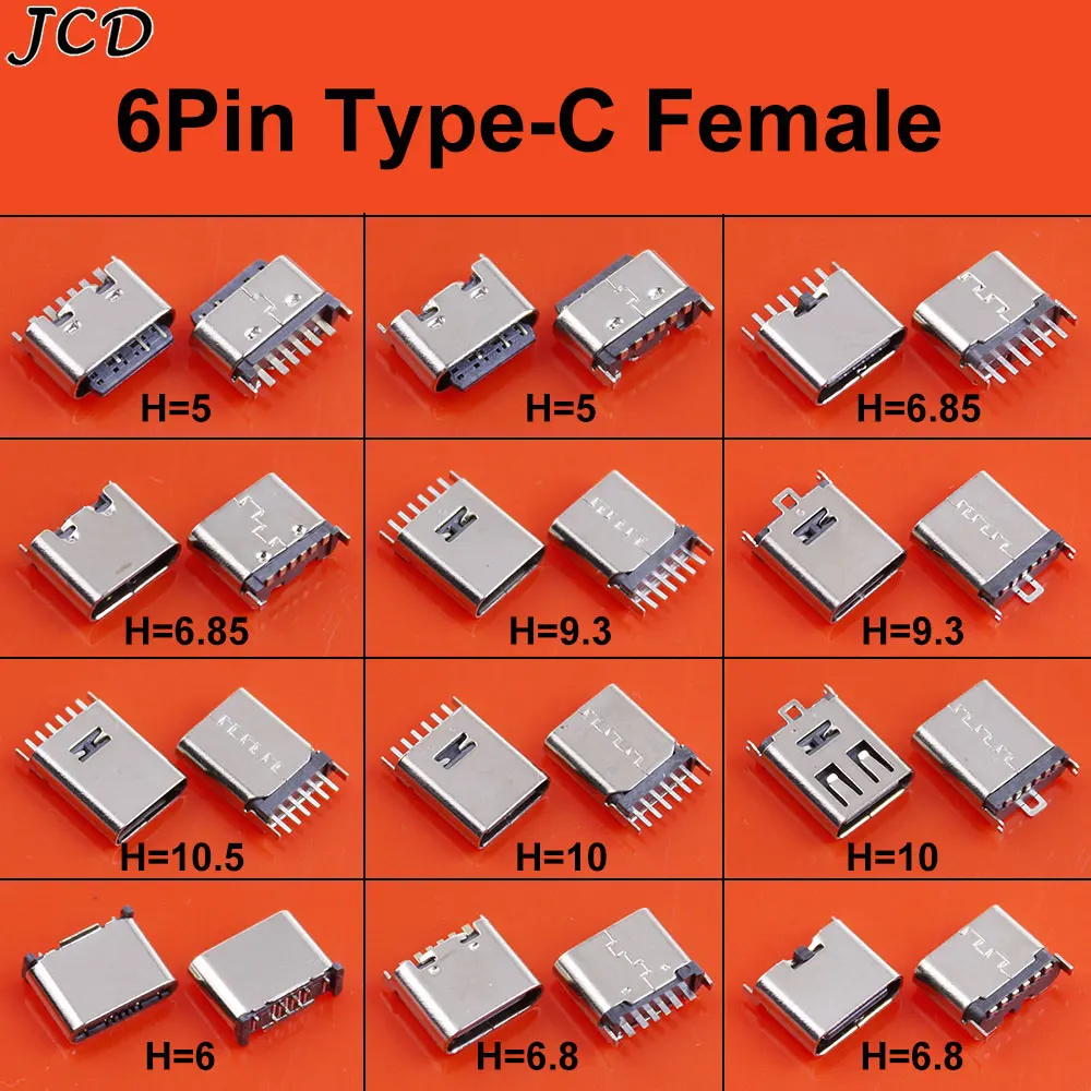 USB 3.1 6Pin Vertical Patch SMT Female Socket Connector Type C Charging Port Chager Plug